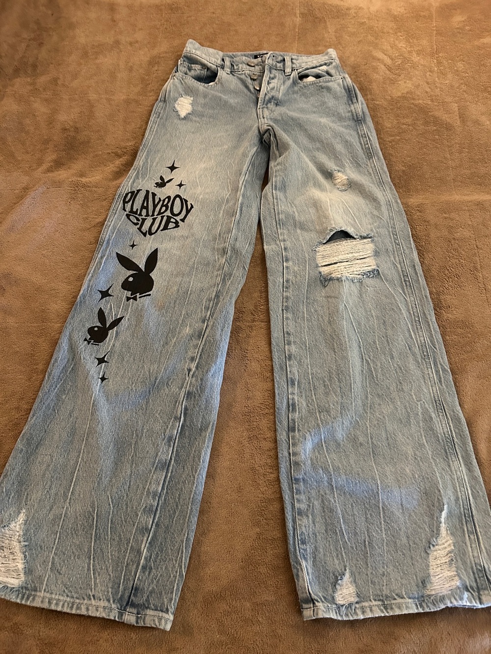 PLAYBOY Light Blue Wide-Leg Distressed Jeans with Club Graphic